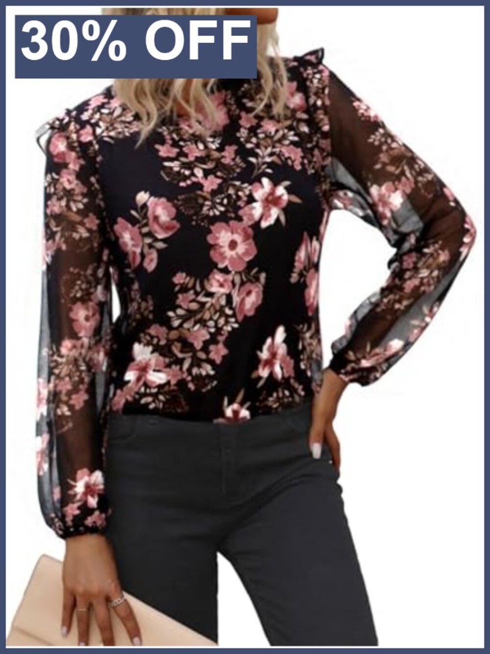 Womens Floral Boho Blouse Ruffle Long Sleeve Mock Neck Work Top